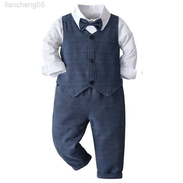 

clothing sets baby boy gentleman formal suit long sleeve shirt with bow tie vest trousers 3pcs kids sets wedding birthday party dress comes, White