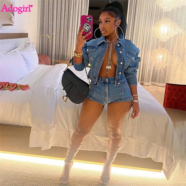 

women's two piece pants adogirl jeans 2 piece sets women stretchy denim suits single breasted turn down collar long sleeve short jacket, White
