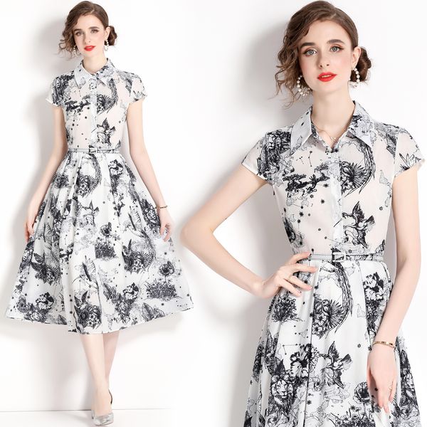 

2023 fashion ink painting summer white dress women designer short sleeve classic lapel shirt dress for special occasion ladies party frocks, Black;gray