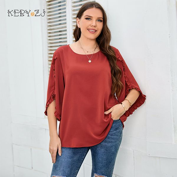 

women's plus size t-shirt keby zj plus size o-neck orange red solid chiffon blouse women spring summer split sleeve loose sweet casual, Black