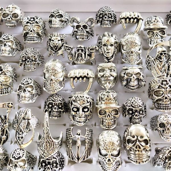 

band rings 30pcs multistyles mix skull skeleton gothic biker men's rock punk ring man boy party favor wholesale jewelry lots 230224, Silver