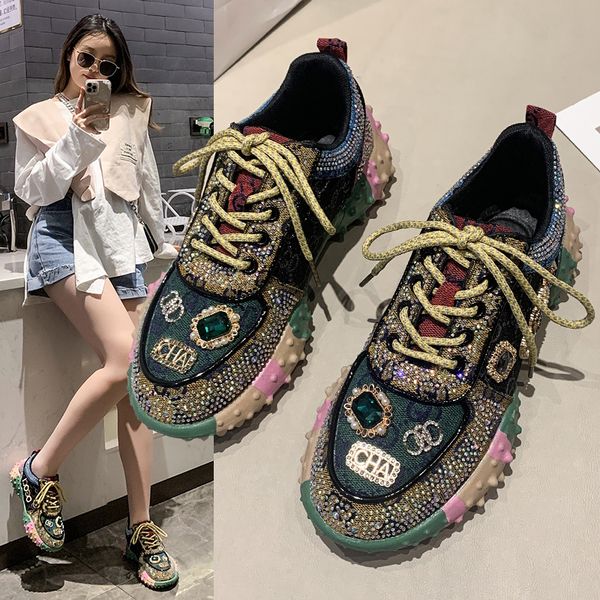 

dress shoes women sports shoes mixed colors air mesh crystals style fashion lace casual soft thick anti-skidding sole sneakers 230224, Black