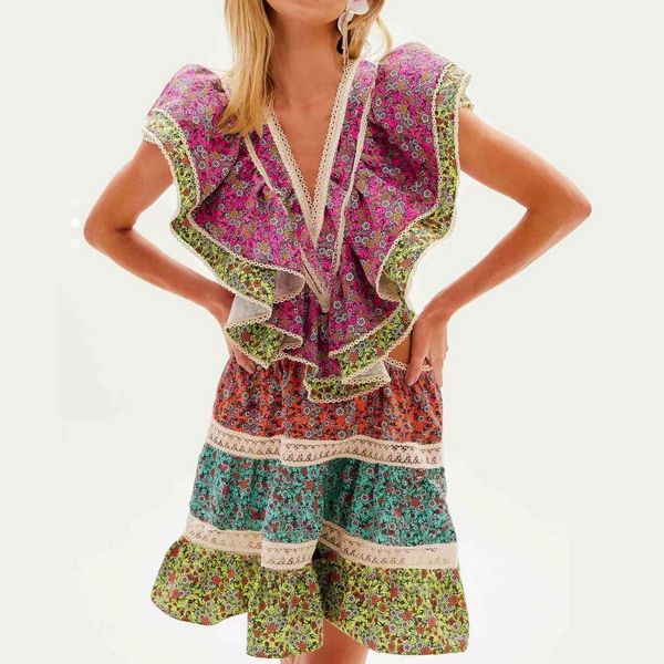 

fancy dress womens v-neck ruffled floral print mini dress, Black;gray