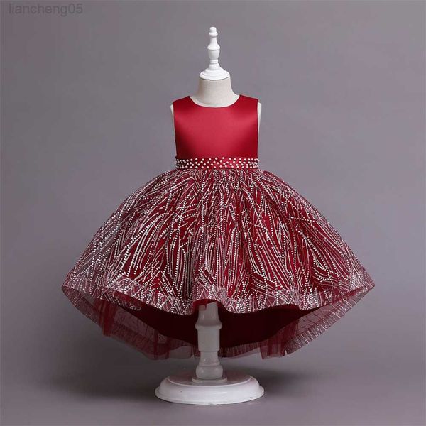 

girl's dresses girls pearl trailing princess dress kids wedding party prom dresses embroidery tulle formal bridesmaid print evening gir, Red;yellow