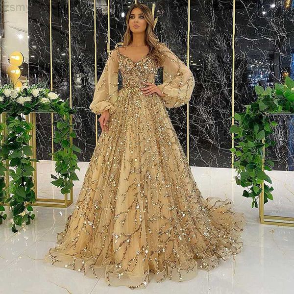 

casual dresses luxury gold sequins beads prom dresses long puff sleeves a-line wedding woman party evening gown custom vestidos de fiesta, Black;gray