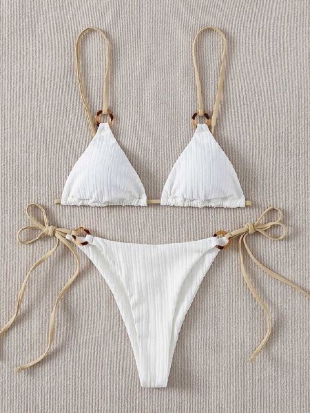 

Thong Swimsuit Sexy Bikini 2023 Set Cute White Plain Ring Linked Spaghetti Strap Triangle Biquini Swimwear Women Bathing Suit B0, Gray