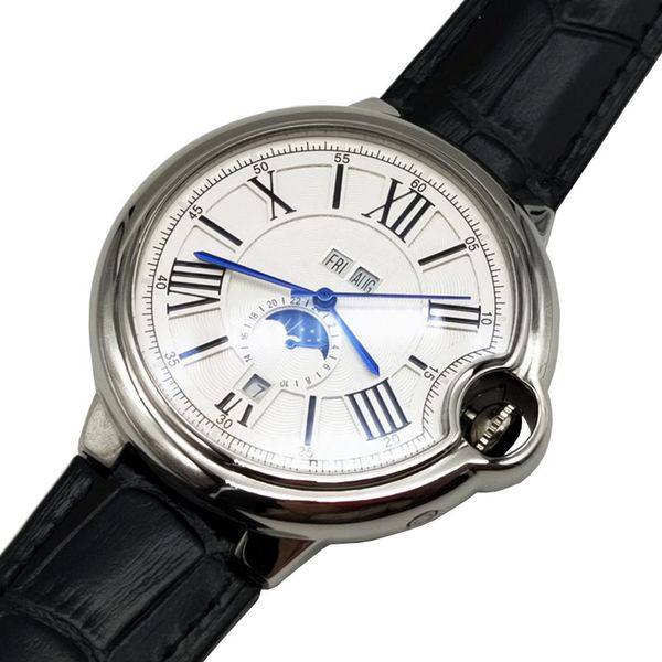 

new luxury mens watches fashion designer watch 42 week month automatic mechanical movement black cowhide leather strap white dial wristwatch, Slivery;golden