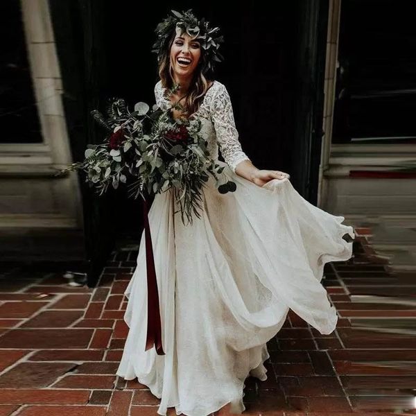 

moden two pieces 3/4 sleeve lace wedding dress boho wedding dress v neck plus size beach wedding gowns, White