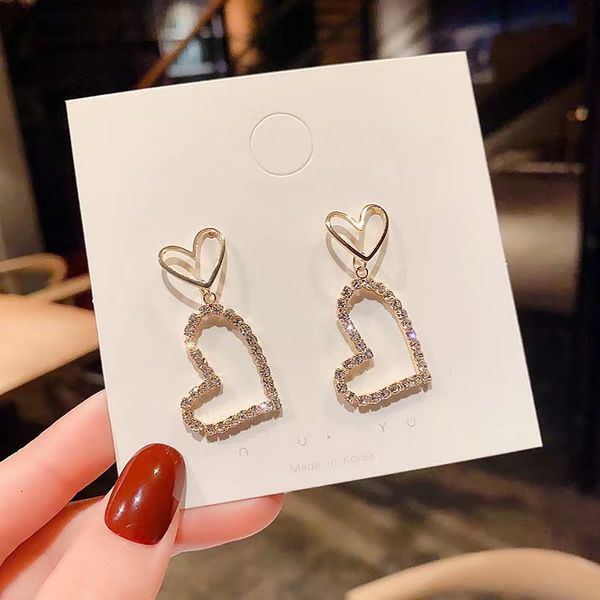 

new fashion temperament elegant double love diamond earrings female sweet creative personality design sense earrings wholesale, Golden