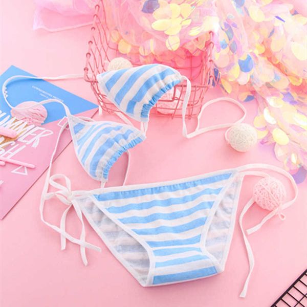 

women's swimwear lingerie kawaii blue white stripe suit anime cosplay erotic comes swimwear bra women underwear set bikini grils z0223, White;black