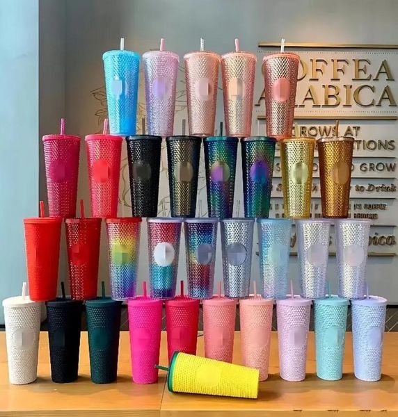

24oz personalized starbucks tumblers mugs with logo iridescent bling rainbow unicorn studded cold cup tumbler coffee mug with straw gj0224