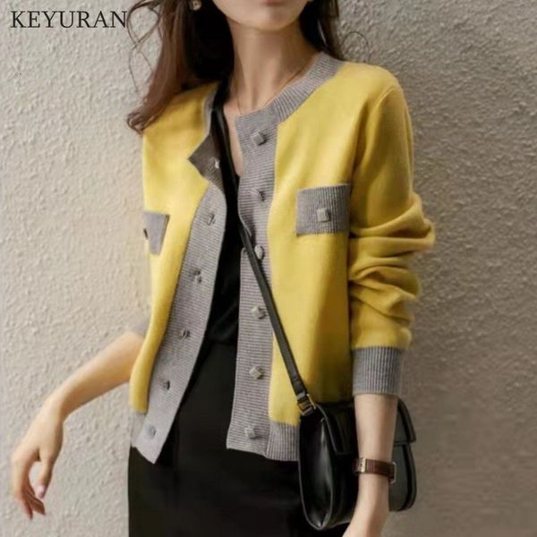 

women's knits tees fashion women's knitted cardigan autumn winter color matching jacket short design yellow cashmere cardigan swea, White