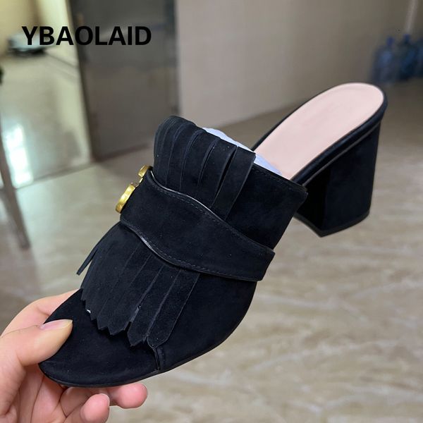 

slippers leather women gold buckle decor slipper shoes tassel fringe suede chunky heel peep toe slides mules lady slip on daily shoe 230224, Black