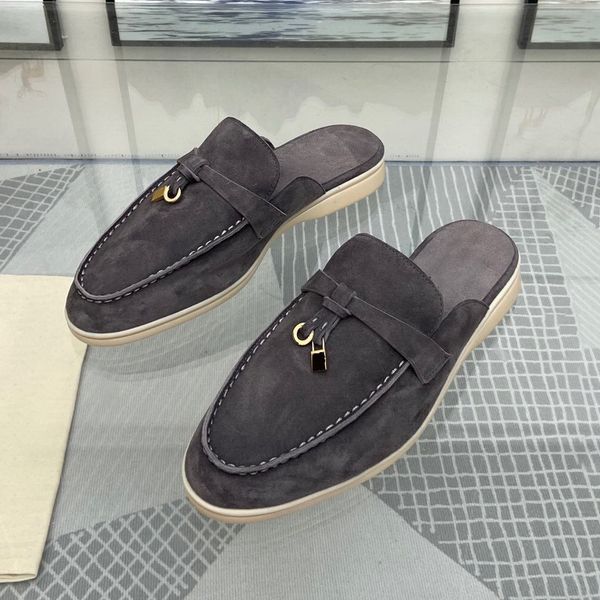 

slippers women mules blue suede slipper babouche summer walk loafers open back flat shoes casual sandals metal lock slides moccasin khaki 23, Black