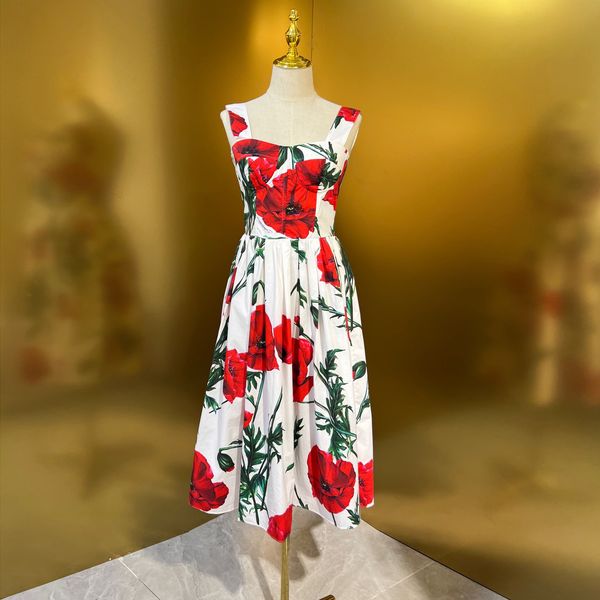 

womens dress cotton sleeveless poppy print midi dress, White;black