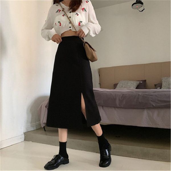 

skirts women black highwaist sidesplit midi skirt ladies stretchy bodycon aline vintage elegant allmatch simple fashion 230224