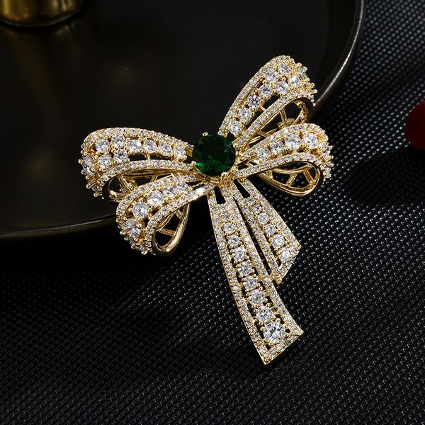

pins brooches okily gorgeous aaa cubic zircon emerald bow woman clothing coat high grade big bowknot luxury accessories brooch pin 230223, Gray