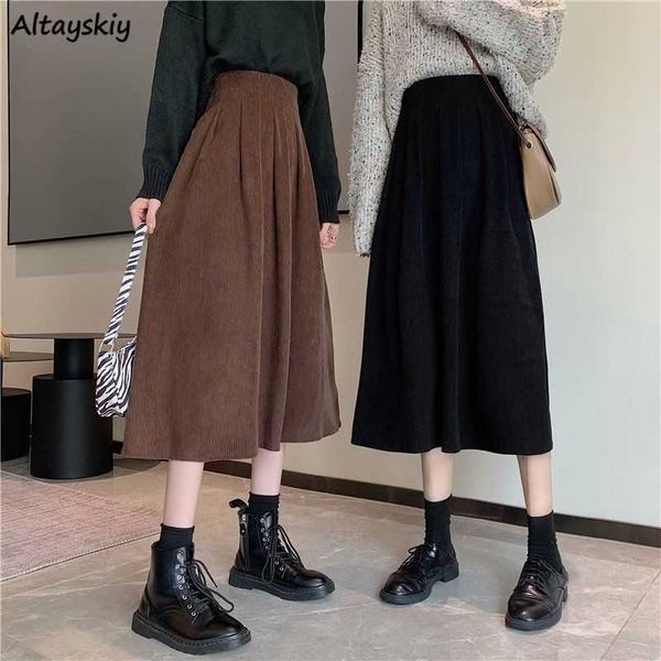 

skirts autumn long skirts women elastic waist retro corduroy simple pure trendy vintage friend ladies clothing faldas largas mujer ins l2302, Black