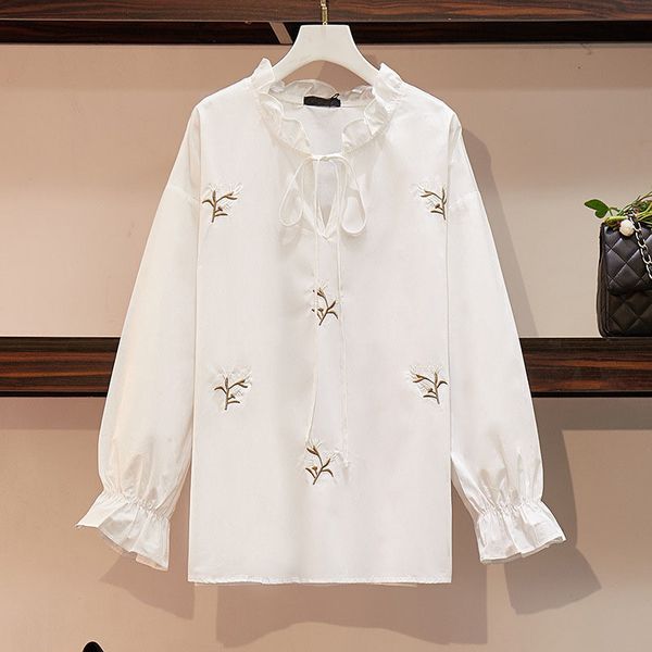 

women's plus size t-shirt 150kg plus size bust 157cm women's spring loose embroidered long-sleeved shirt white apricot 6xl 7xl 8xl, Black