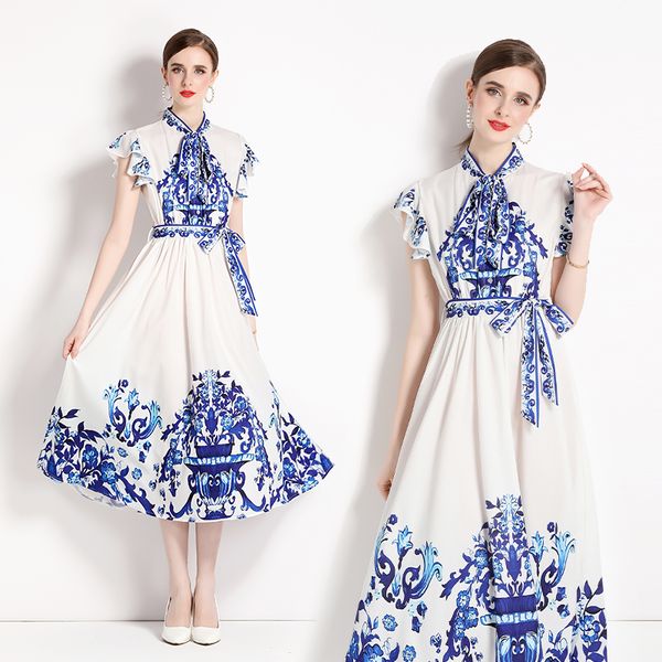

2023 summer print vintage maxi dress lace up bow tie neck robe women designer birthday dinner long dresses for special occasion ladies petal, Black;gray