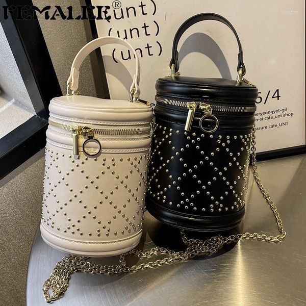 

shoulder bags barrel-shaped ladies rivet pu purses vintage black white hand clutch cylinder outdoor handbag