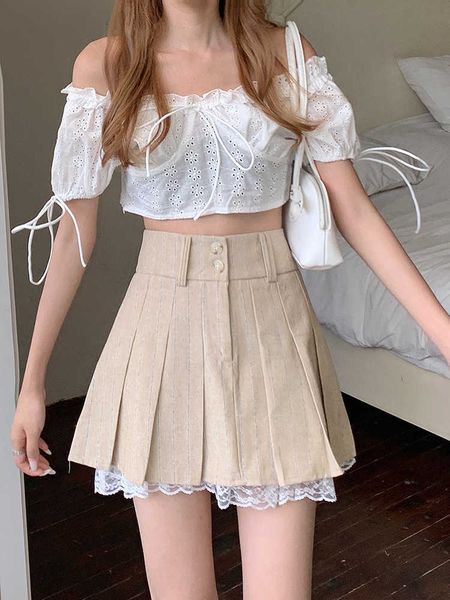 

skirts 2022 korean fashion khaki short skirt lace trim cute pleated skirts womens preppy style button up high waist summer mini skirt l23022, Black