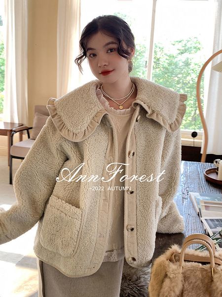

women's jackets loose cute lace ruffled collar doll plush coat wool jacket autumn winter lamb wool coat 230224, Black;brown