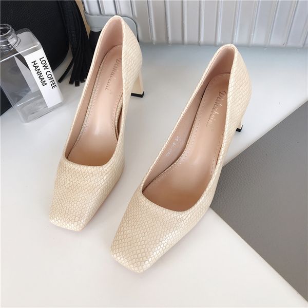 

dress shoes autumn fashion women pumps snake printed ladies thick high heels square toe shallow slip on office work woman 39 230224, Black