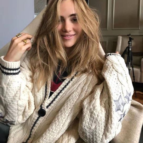 

women's knits tees autumn tay women star embroidered cardigan lor v-neck knitted sweater fashion warm swif t beige holiday cardigan wom, White