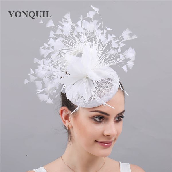 

berets fashion feathers hats sinamay fascinators chapeau elegant women hair fedora accessory ladies party tea race headwear with clips 23022, Blue;gray
