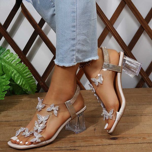 

sandals 2023 summer women crystal flower decoration chunky heel peep toe back strap elastic band elegant fashion women's shoes y2302, Black
