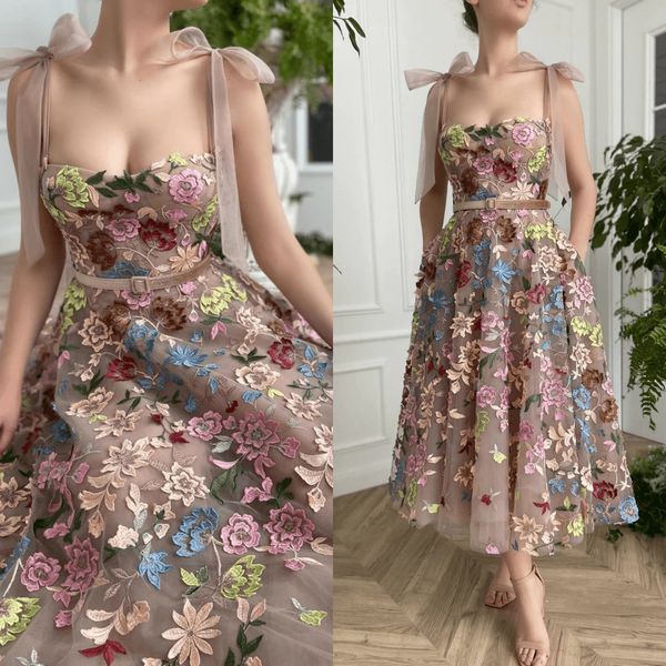 

party dresses 153#iena floral embroidery lace midi prom sweetheart bow straps tea-length a-line wedding with pockets 230224, White;black