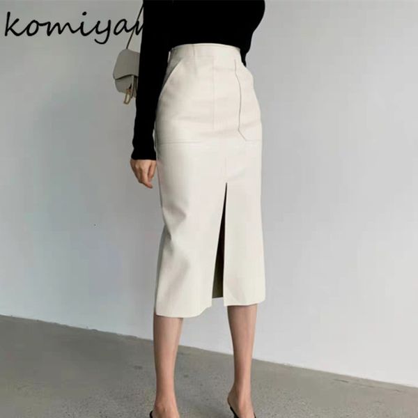 

skirts slim straight faux leather women spring package hip long pu jupe chic split designed fashion solid mujer faldas 230224, Black