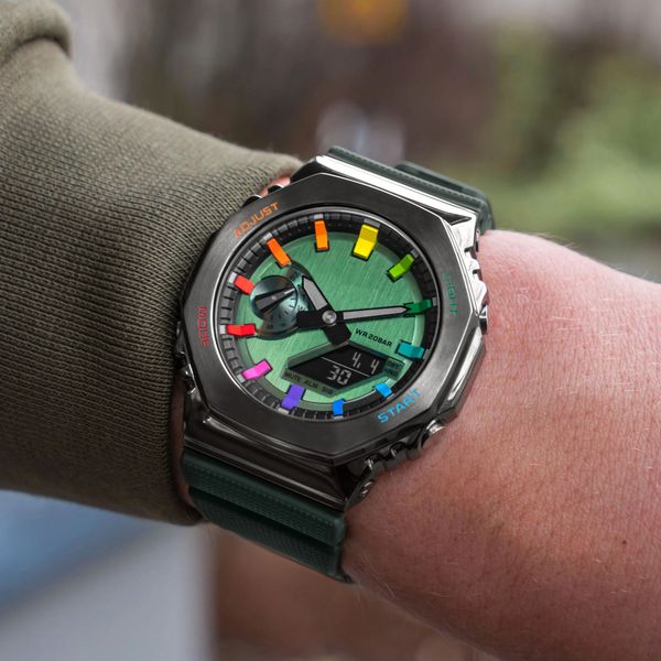 

original shock watch 2100 digital quartz gm watch detachable assembled led alloy waterproof dial oak green rainbow series, Slivery;golden