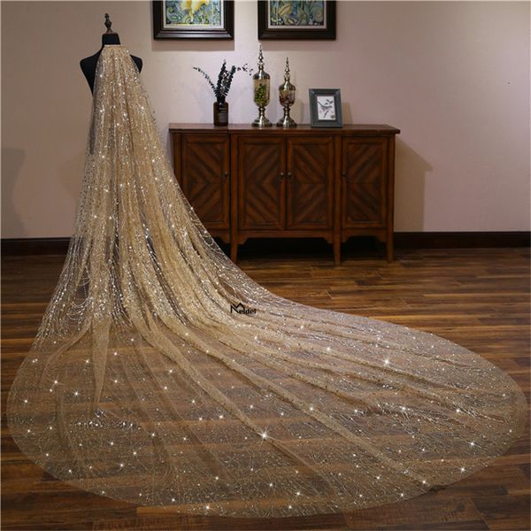 

wedding hair jewelry bridal veils gold 3 meters long bride luxurious cathedral train shiny bling sequins accessories 230224, Slivery;golden