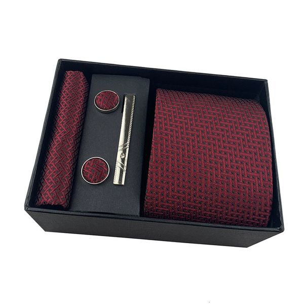 

bow ties men jacquard plaid striped wedding business party hanky neck tie clips set cufflinks pocket square handkerchief gift box cravat 230, Black;gray