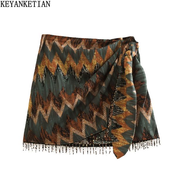 

skirts keyanketian vintage geometric print mini skirt knotted sarong beaded fringe wrap vestidos casual zip short skort mujer 230224, Black