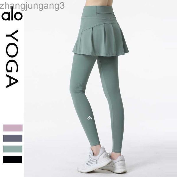 

alos yoga pants women's fake two-piece hip-hugging high-waisted body-building pants nude skin-friendly sports dance tights women leggin, Black