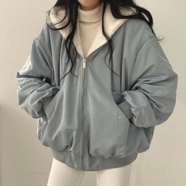 

women's jackets thickened two-sided wear lambswool cotton south korea plus down women's winter zipper hooded y2k 230224, Black;brown
