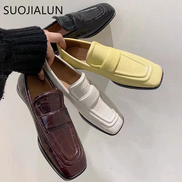 

dress shoes suojialun spring flat fashion brand stone pattern british loafer slip on casual moccasin square toe flats plus size 41 230224, Black