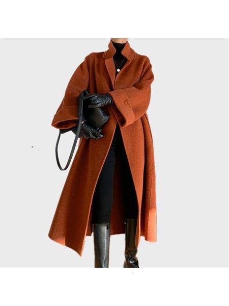 

women's jackets highend handmade long bathrobe style doublesided alpaca coat winter sleeverolled buckledup loose wool 230223, Black;brown
