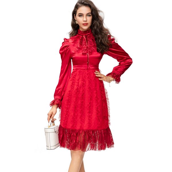 

women's runway dresses stand collar lace up long sleeves ruffles fashion designer dress vestidos, Black