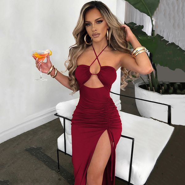 

women's halter hollow out drawstring long dress women fashion sleeveless backless high split elegant ruched dress vestidos, Black;gray