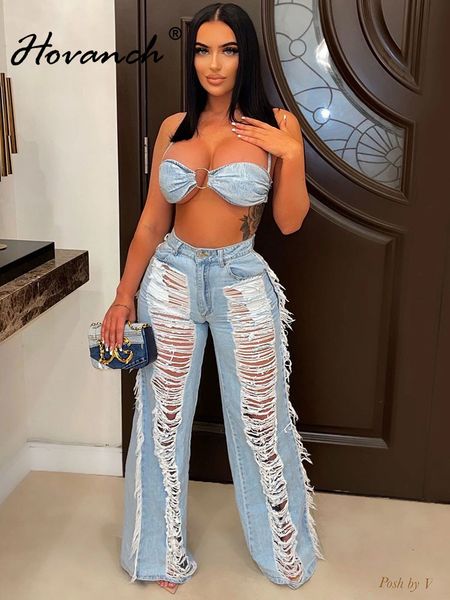 

women s two piece pants hovanch sky blue denim set s outfits tube and tassel ripped jeans matching 2023 harajuku streetwear 230224, White