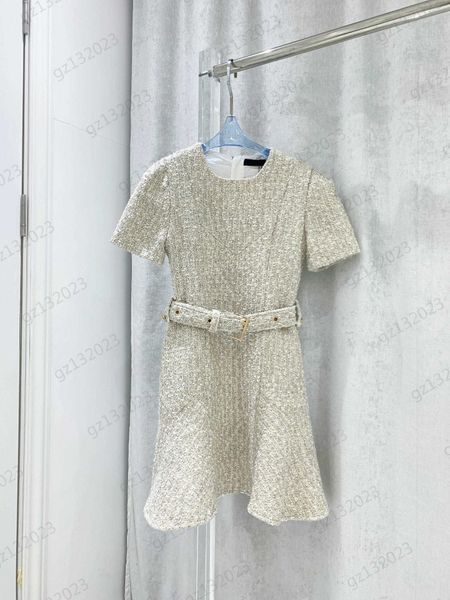 

braided belt dress snow fine tweed lotus leaf hemline short sleeved dresses back zipper design crewneck maxiskit brand summer dress, Black;gray