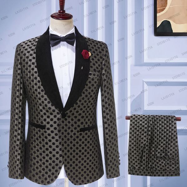 

men s tracksuits 2023 custom made groomsmen black jacquard dots tuxedos shawl lapel men suits 2pcs set wedding man jacket pants costume homm, Gray