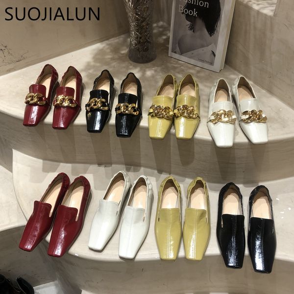 

dress shoes suojialun 2022 spring women flat ballet fashion brand chain slip on casual ballerina square toe soft ladies loafers 230224, Black