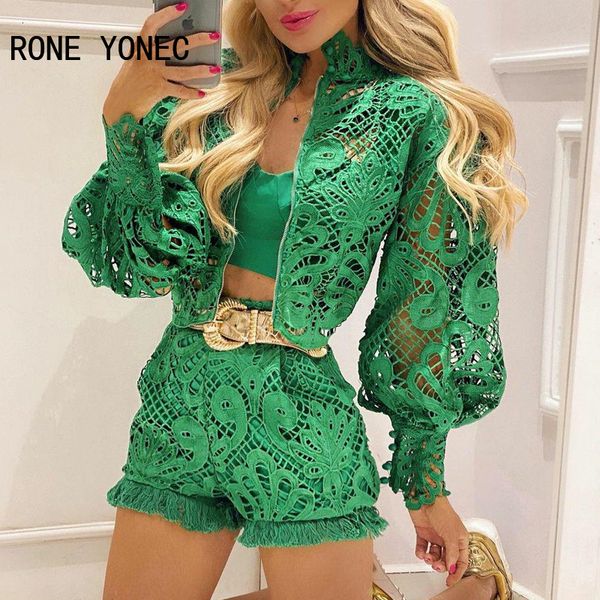 

women's two piece pants women solid hollow-out puff sleeve short sets 230224, White