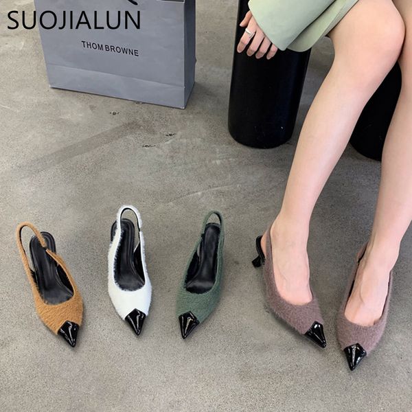 

sandals suojialun brand pointed toe women fashion metal slip on ladies slingback shoes thin high heel dress pumps 230224, Black