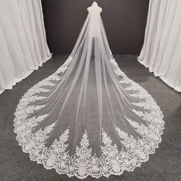 

wedding hair jewelry real pos long lace bridal veil with comb 35 meters 1 layer cathedral white iovry accessories 230224, Slivery;golden